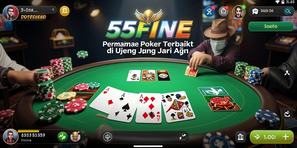 Tampilan gameplay seru di 55FIVE dengan suasana poker yang menggugah semangat.
