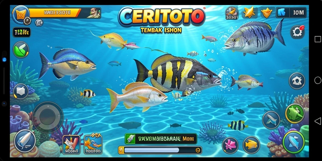 Tampilan gameplay CERITOTO dengan aksi menembak ikan yang seru.