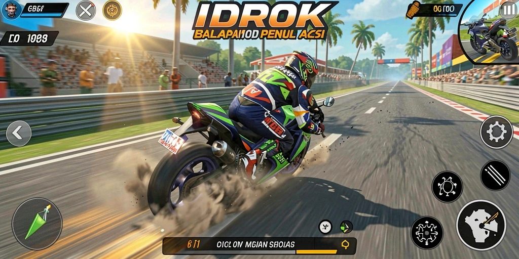Tampilan gameplay mendebarkan dalam balapan motor di IDROK.