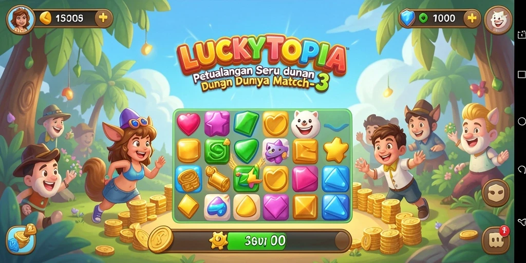 Tangkapan layar LUCKYTOPIA menampilkan gameplay Match-3 yang penuh warna.
