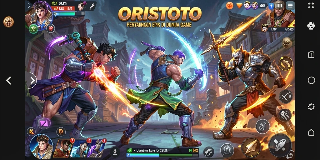 Gameplay pertarungan seru dalam ORISTOTO dengan karakter yang beragam.