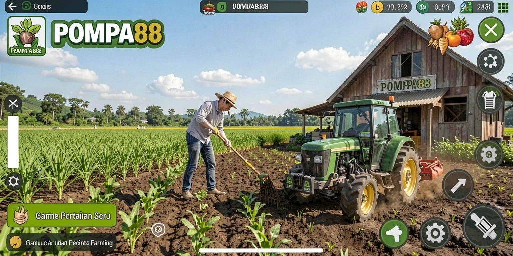 Gameplay seru bertani di POMPA88 dengan ladang yang luas.