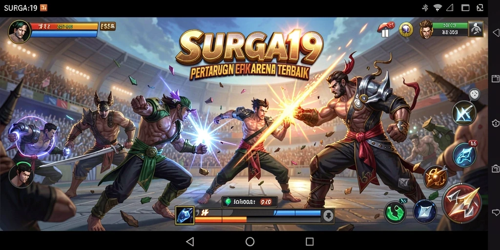 Screenshot SURGA19 menampilkan pertarungan seru dengan karakter unik.