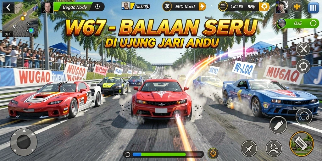 Tampilan seru dari gameplay balapan di W67 yang mendebarkan.