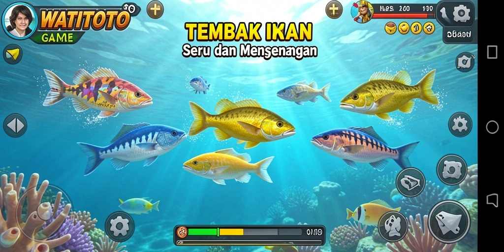 Tampilan gameplay seru dalam WATITOTO dengan ikan berwarna-warni.