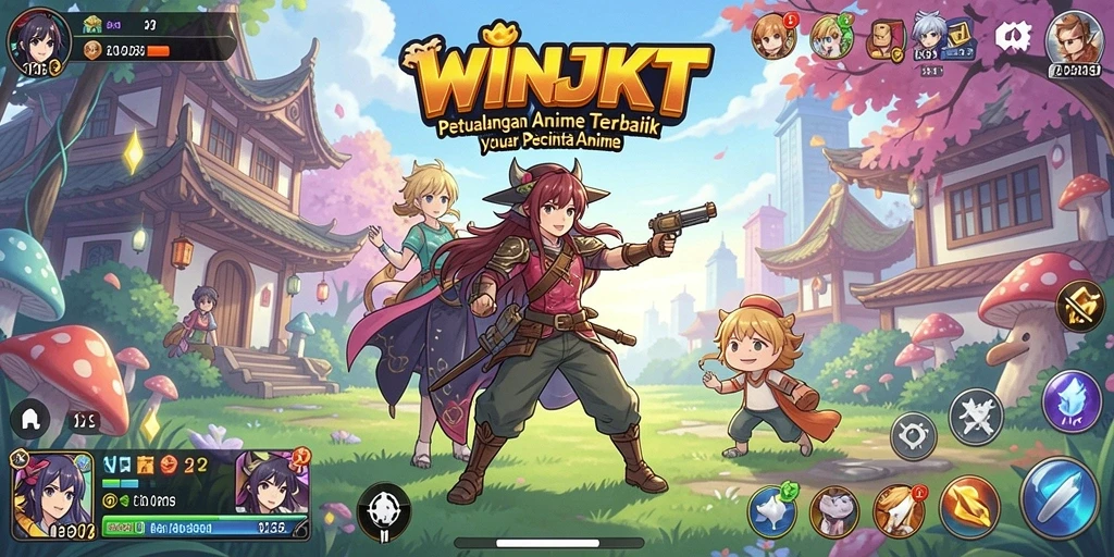 Tampilan gameplay WINJKT yang menarik dengan karakter anime yang kaya warna.